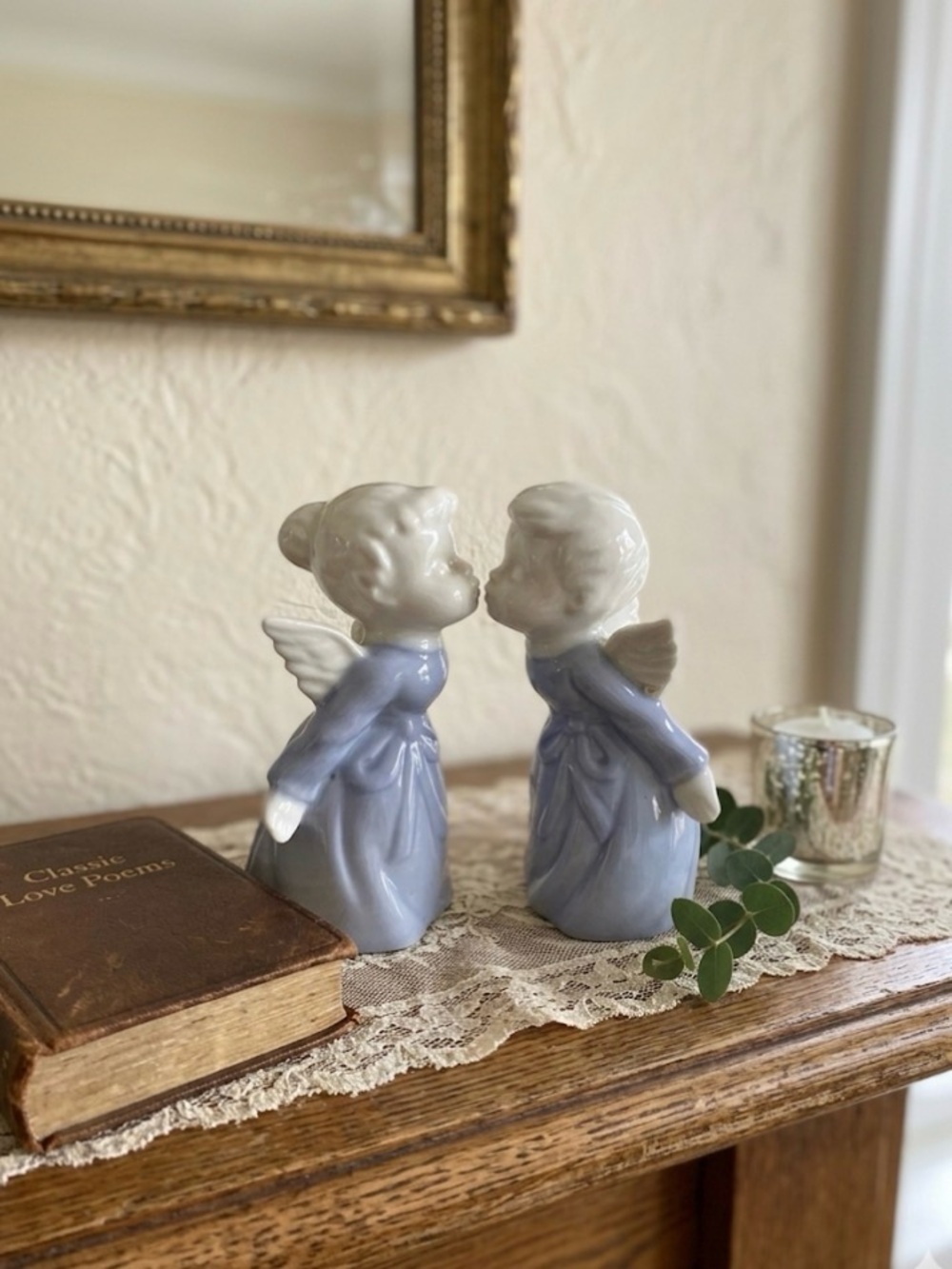 Vintage Porcelain Kissing Angels Set